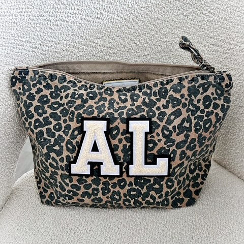 Initial Washed Leopard Print Canvas Beauty Bag